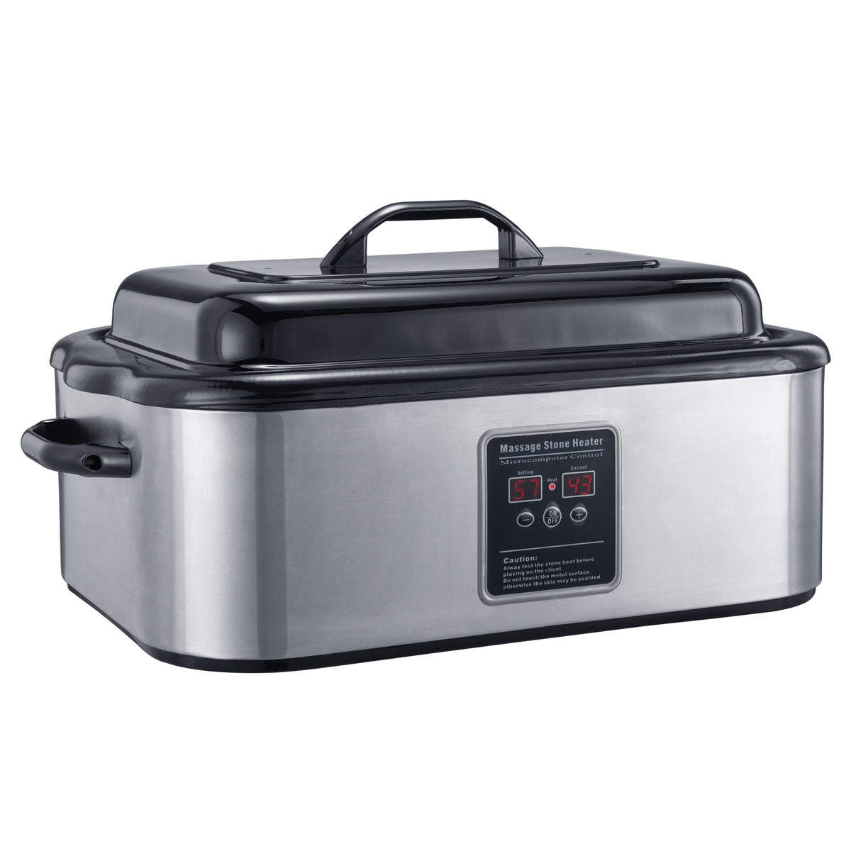 17 litre (18 quart) rectangular hot stone heater, stainless steel with black lid – Aurora Tables NZ