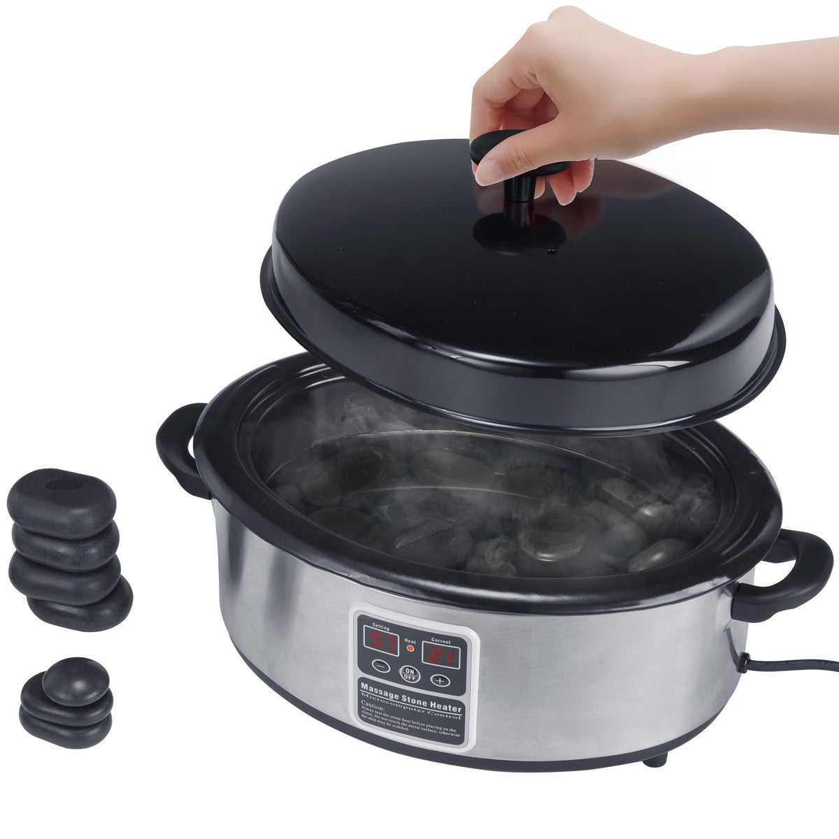 5.6 litre hot stone heater with lid lifted, warm basalt stones in water