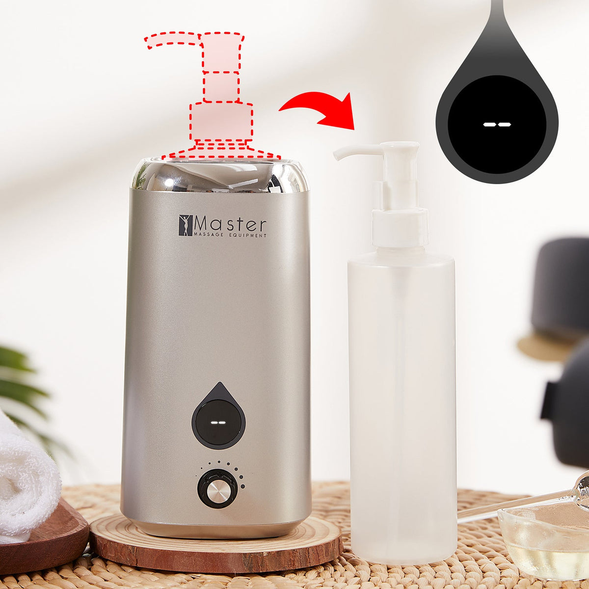 Pump bottle supplied with the single massage oil warmer